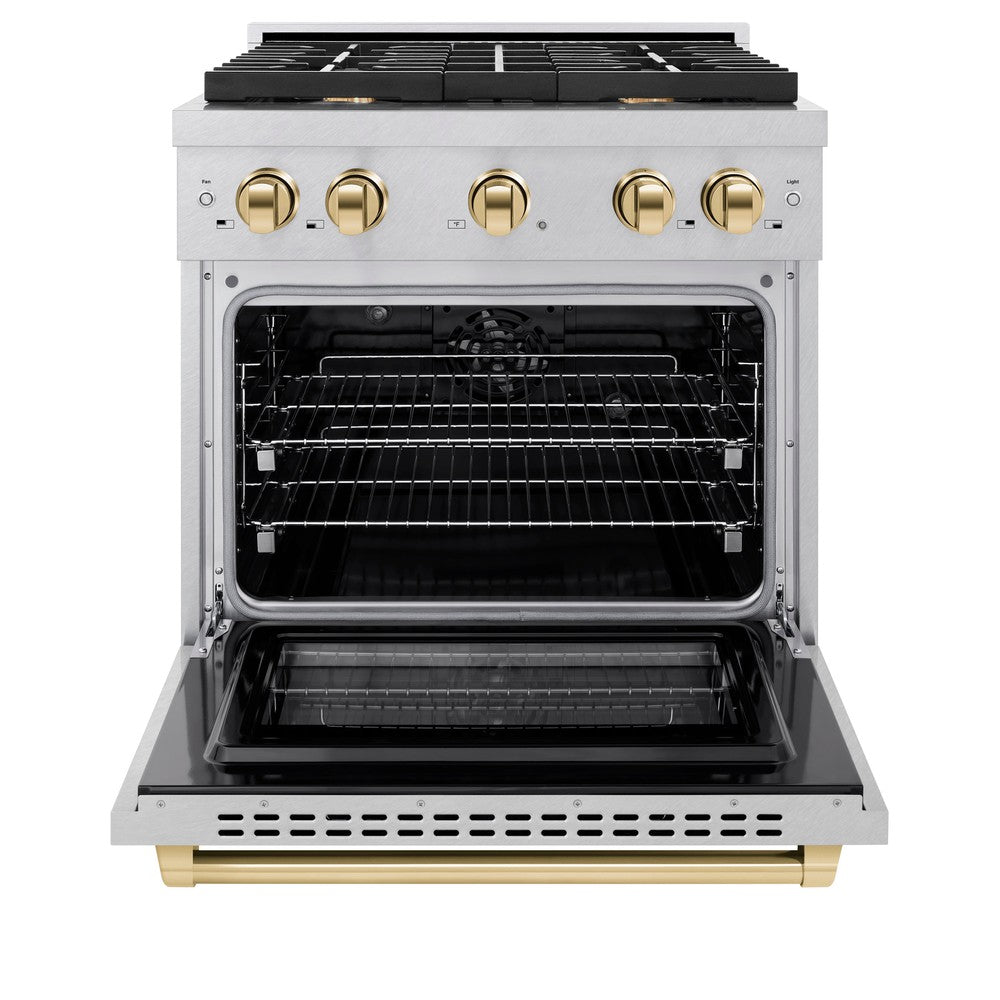 ZLINE Autograph Edition 30 in. 4.2 cu. ft. Paramount Dual Fuel Range with 4 Burner Gas Cooktop and Electric Convection Oven in DuraSnow® Stainless Steel with Polished Gold Accents (SDRSZ-30-G)