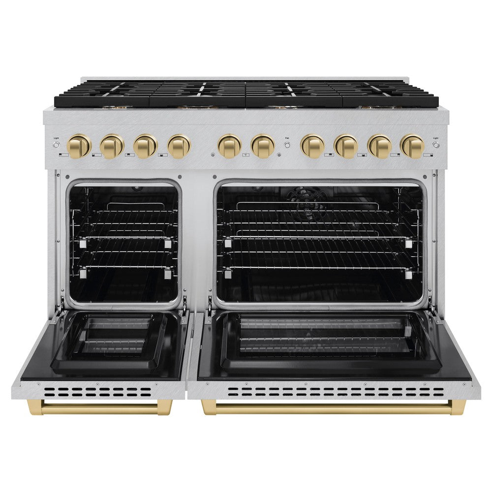 ZLINE Autograph Edition 48 in. 6.7 cu. ft. Paramount Double Oven Dual Fuel Range with 8 Burner Gas Cooktop in DuraSnow® Stainless Steel and Polished Gold Accents (SDRSZ-48-G)