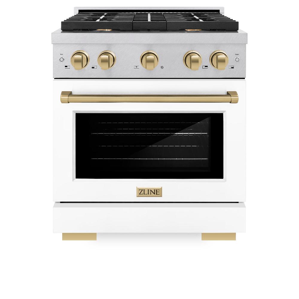 ZLINE Autograph Edition 30 in. 4.2 cu. ft. Paramount Dual Fuel Range with 4 Burner Gas Cooktop and Electric Convection Oven in DuraSnow® Stainless Steel with White Matte Door and Champagne Bronze Accents (SDRSZ-WM-30-CB)