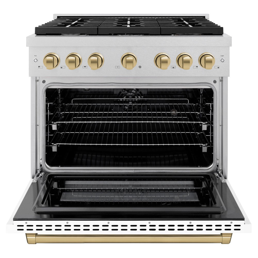 ZLINE Autograph Edition 36 in. 5.2 cu. ft. Paramount Dual Fuel Range with 6 Burner Gas Cooktop and Electric Convection Oven in DuraSnow® Stainless Steel with White Matte Door and Champagne Bronze Accents (SDRSZ-WM-36-CB)