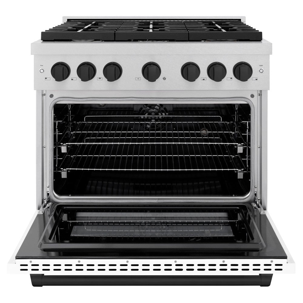 ZLINE Autograph Edition 36 in. 5.2 cu. ft. Paramount Dual Fuel Range with 6 Burner Gas Cooktop and Electric Convection Oven in DuraSnow® Stainless Steel with White Matte Door and Matte Black Accents (SDRSZ-WM-36-MB)