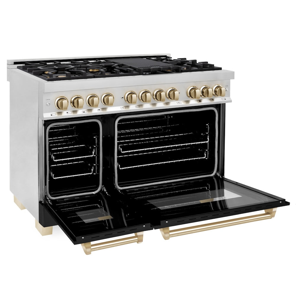 ZLINE Autograph Edition 48 in. 6.0 cu. ft. Legacy Dual Fuel Range with 7 Burner Gas Cooktop and 2 Electric Ovens in Stainless Steel with Black Matte Doors and Polished Gold Accents (RAZ-BLM-48-G)