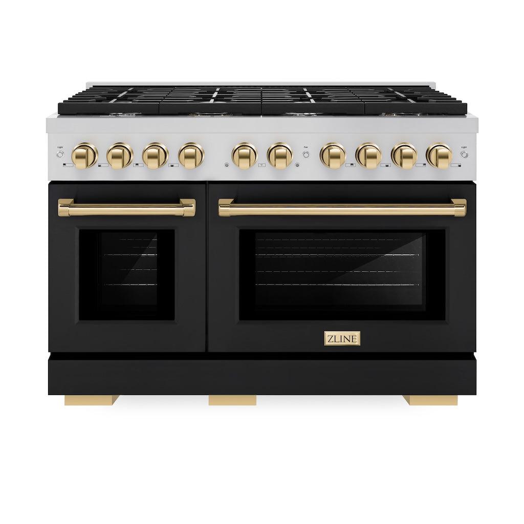 ZLINE Autograph Edition 48 in. 6.7 cu. ft. Paramount Double Oven Gas Range with 8 Burner Cooktop in Stainless Steel with Black Matte Doors and Polished Gold Accents (SGRZ-BLM-48-G)