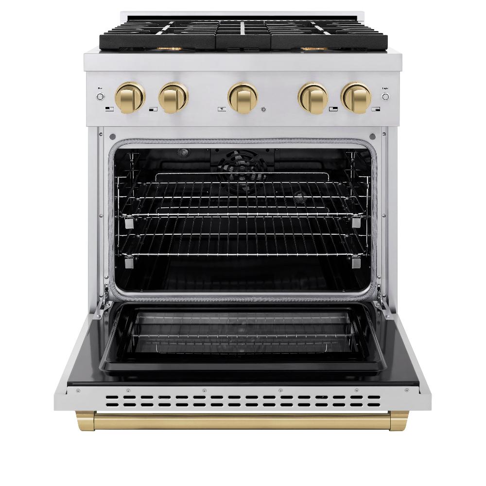 ZLINE Autograph Edition 30 in. 4.2 cu. ft. Paramount Dual Fuel Range with 4 Burner Gas Cooktop and Electric Convection Oven in Stainless Steel with Champagne Bronze Accents (SDRZ-30-CB)