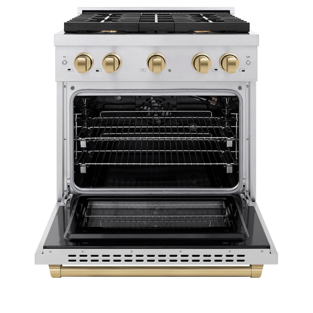 ZLINE Autograph Edition 30 in. 4.2 cu. ft. Paramount Gas Range with 4 Burner Cooktop and Convection Gas Oven in Stainless Steel and Champagne Bronze Accents (SGRZ-30-CB)