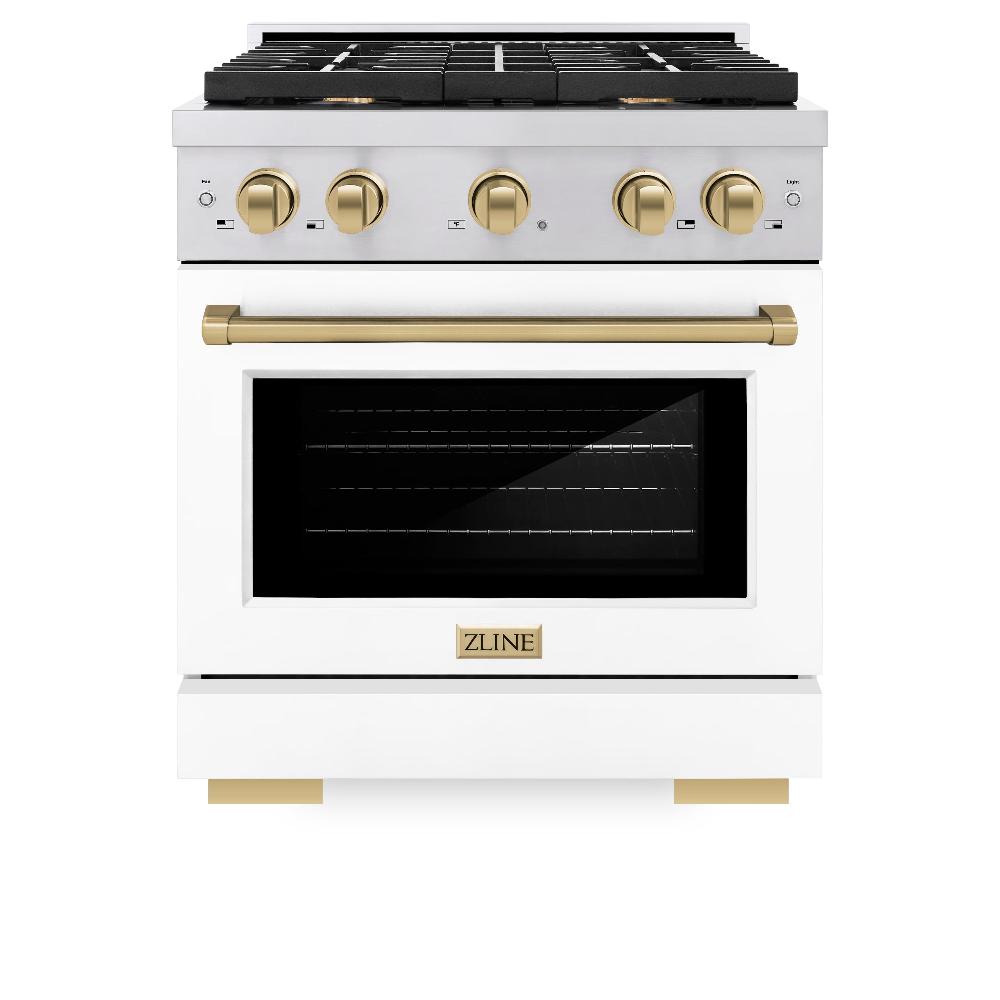 ZLINE Autograph Edition 30 in. 4.2 cu. ft. Paramount Dual Fuel Range with 4 Burner Gas Cooktop and Electric Convection Oven in Stainless Steel with White Matte Door and Champagne Bronze Accents (SDRZ-WM-30-CB)