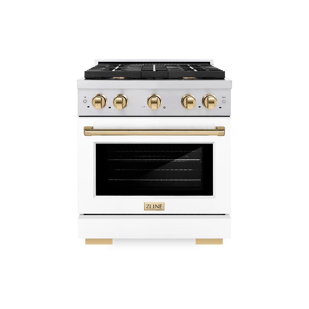 ZLINE Autograph Edition 30 in. 4.2 cu. ft. Paramount Dual Fuel Range with 4 Burner Gas Cooktop and Electric Convection Oven in Stainless Steel with White Matte Door and Polished Gold Accents (SDRZ-WM-30-G)