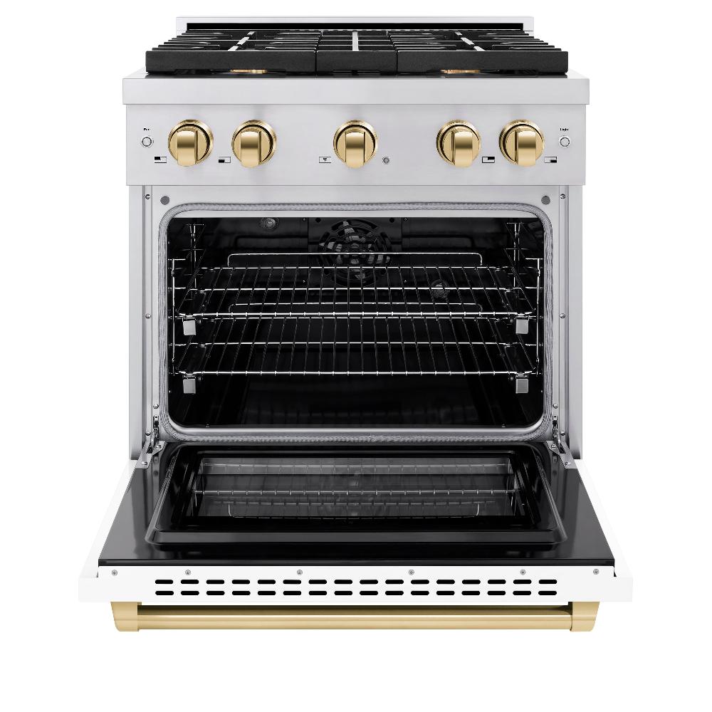 ZLINE Autograph Edition 30 in. 4.2 cu. ft. Paramount Dual Fuel Range with 4 Burner Gas Cooktop and Electric Convection Oven in Stainless Steel with White Matte Door and Polished Gold Accents (SDRZ-WM-30-G)