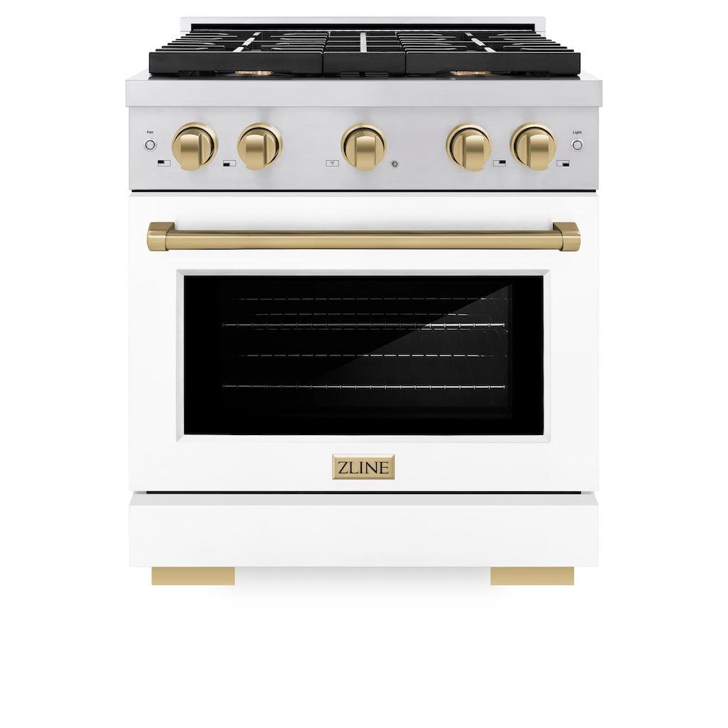 ZLINE Autograph Edition 30 in. 4.2 cu. ft. Paramount Gas Range with 4 Burner Cooktop and Convection Gas Oven in Stainless Steel with White Matte Door and Champagne Bronze Accents (SGRZ-WM-30-CB)