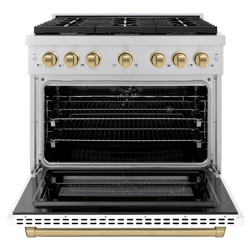 ZLINE Autograph Edition 36 in. 5.2 cu. ft. Paramount Dual Fuel Range with 6 Burner Gas Cooktop and Electric Convection Oven in Stainless Steel with White Matte Door and Champagne Bronze Accents (SDRZ-WM-36-CB)