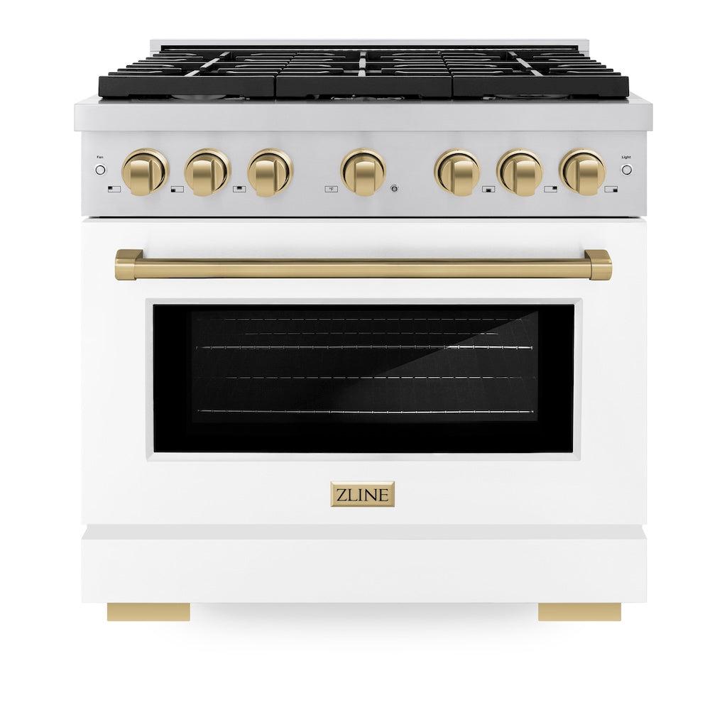 ZLINE Autograph Edition 36 in. 5.2 cu. ft. Paramount Gas Range with 6 Burner Cooktop and Convection Gas Oven in Stainless Steel with White Matte Door and Champagne Bronze Accents (SGRZ-WM-36-CB)