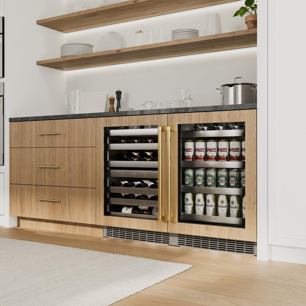 ZLINE Autograph Edition 24 in. Touchstone 151 Can Beverage Fridge With Panel Ready Glass Door And Polished Gold Handle (RBSPOZ-24-G)