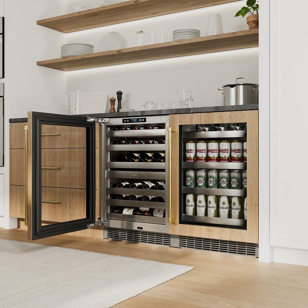 ZLINE Autograph Edition 24 in. Touchstone Dual Zone 44 Bottle Wine Cooler With Panel Ready Glass Door And Polished Gold Handle (RWDPOZ-24-G)