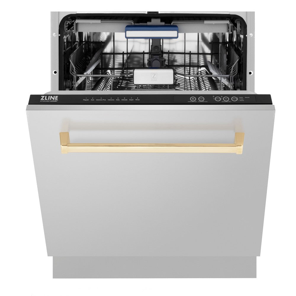 ZLINE Autograph Edition 24 in. 3rd Rack Top Control Tall Tub Dishwasher in Stainless Steel with Polished Gold Handle, 51dBa (DWVZ-304-24-G)