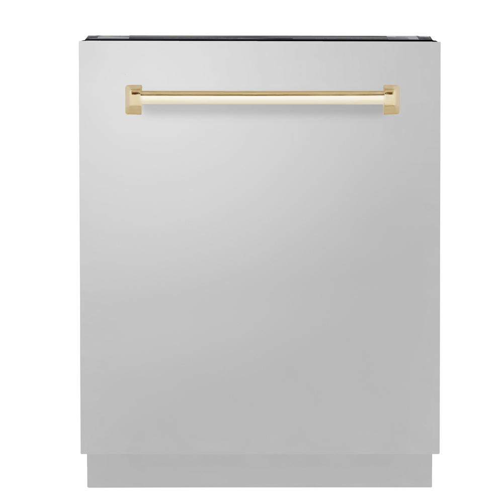 ZLINE Autograph Edition 24 in. 3rd Rack Top Control Tall Tub Dishwasher in Stainless Steel with Polished Gold Handle, 51dBa (DWVZ-304-24-G)