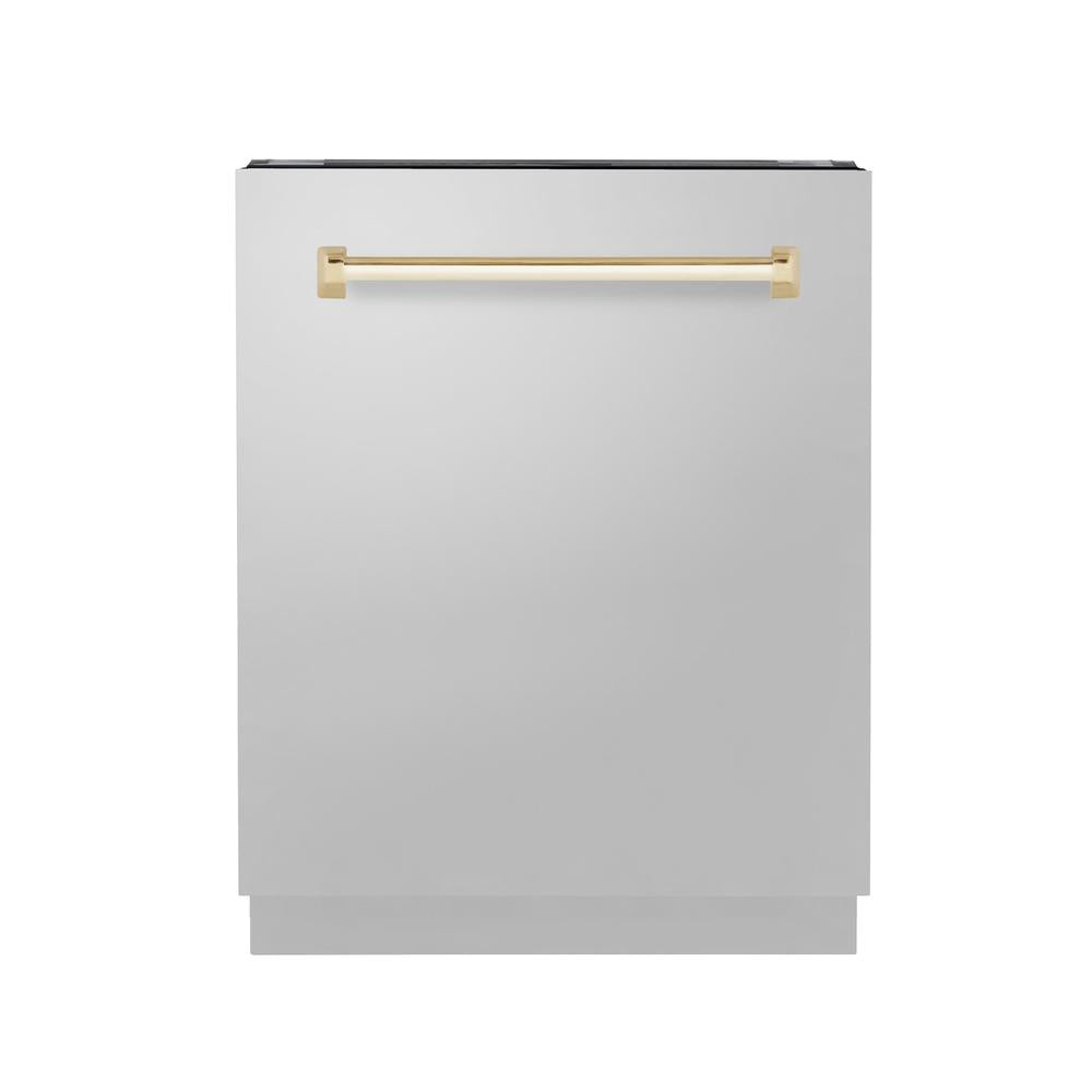 ZLINE Autograph Edition 24 in. 3rd Rack Top Control Tall Tub Dishwasher in Stainless Steel with Polished Gold Handle, 51dBa (DWVZ-304-24-G)