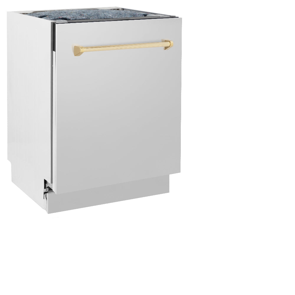 ZLINE Autograph Edition 24 in. 3rd Rack Top Control Tall Tub Dishwasher in Stainless Steel with Polished Gold Handle, 51dBa (DWVZ-304-24-G)