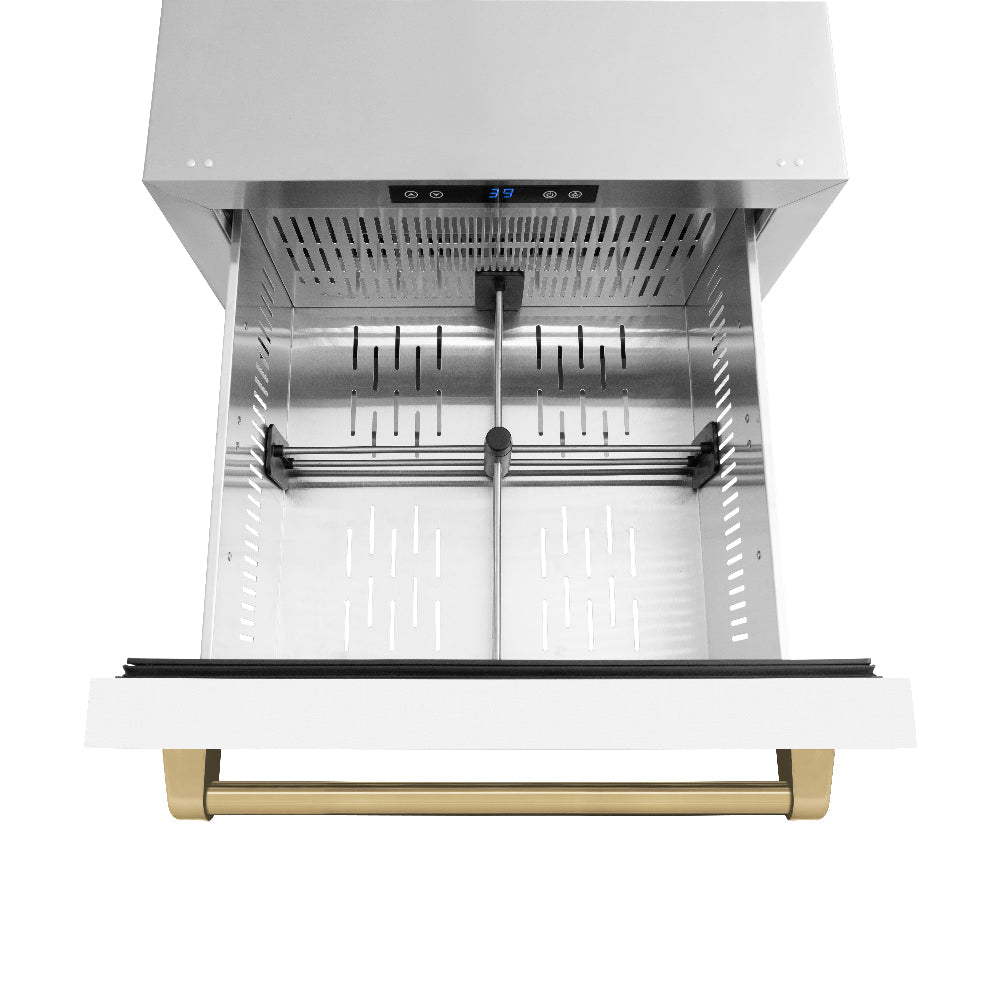 ZLINE Autograph Edition 24 in. Touchstone 168 Can Outdoor-Rated Dual Refrigerator Drawer with White Matte Doors and Champagne Bronze Handles (RDSOZ-WM-24-CB)