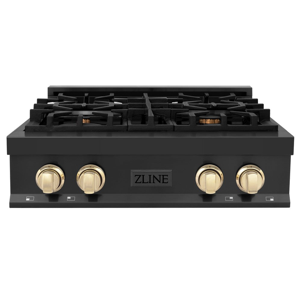 ZLINE Autograph Edition 30 in. Legacy Gas Rangetop with 4 Burners and Porcelain Cooktop in Black Stainless Steel with Polished Gold Accents (RTBZ-30-G)
