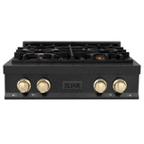 ZLINE Autograph Edition 30 in. Porcelain Rangetop with 4 Gas Burners in Black Stainless Steel and Polished Gold Accents (RTBZ-30-G)