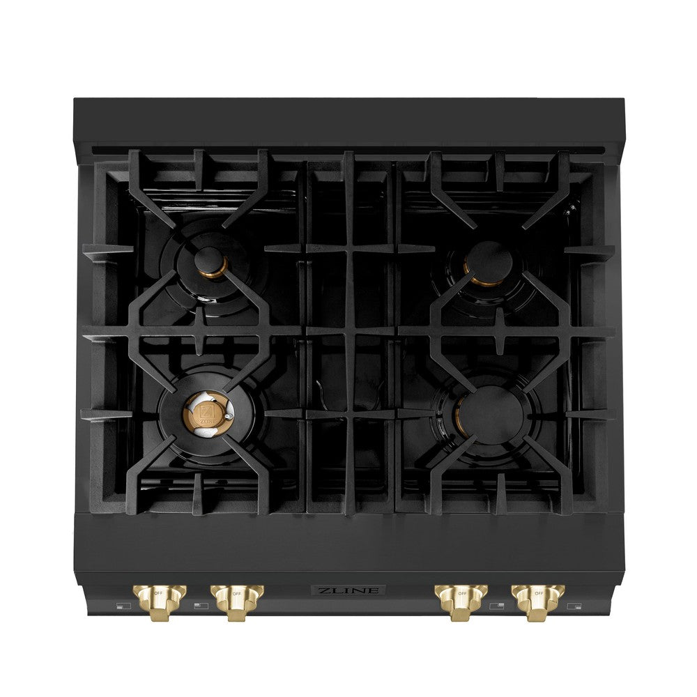 ZLINE Autograph Edition 30 in. Legacy Gas Rangetop with 4 Burners and Porcelain Cooktop in Black Stainless Steel with Polished Gold Accents (RTBZ-30-G)