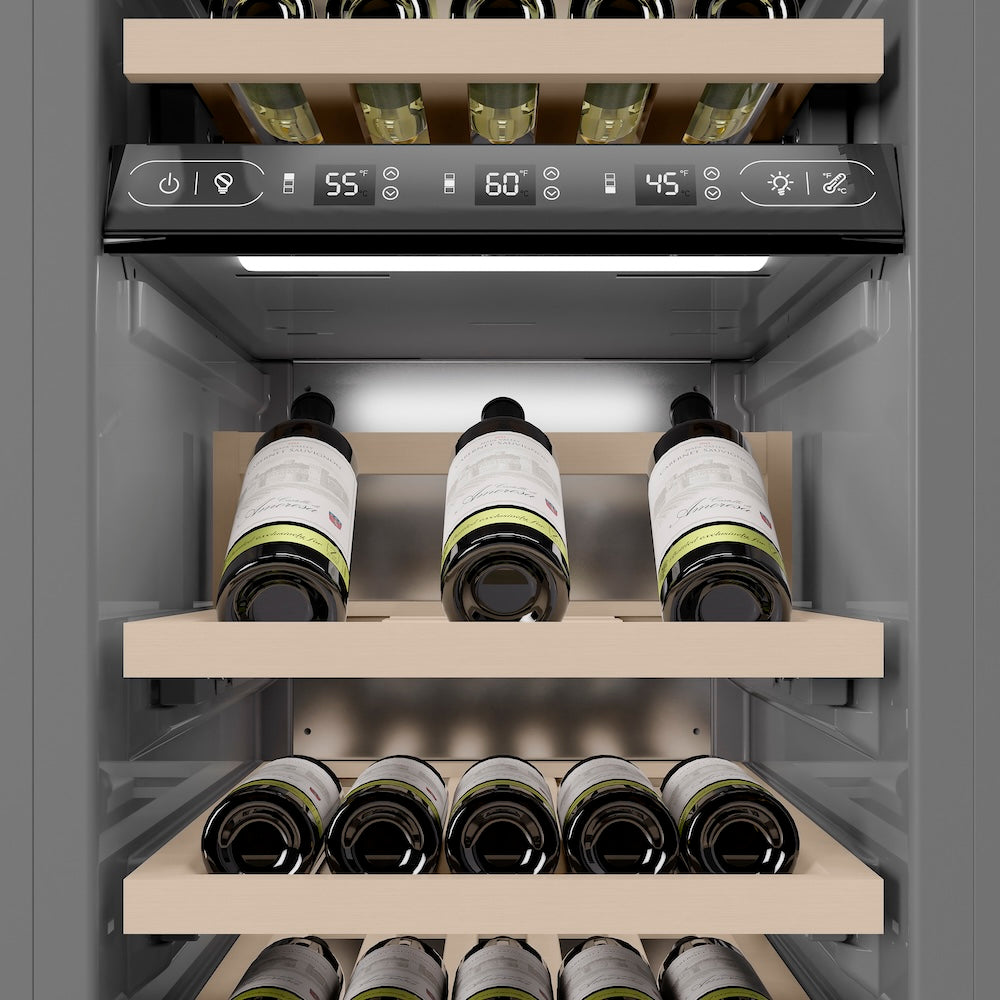 ZLINE Autograph Edition 18 in. 9.0 cu. ft. Triple Zone 68 Bottle Left Hinge Column Wine Cooler in Black Stainless Steel with Champagne Bronze Accents (RCWVLZ-BS-18-CB)