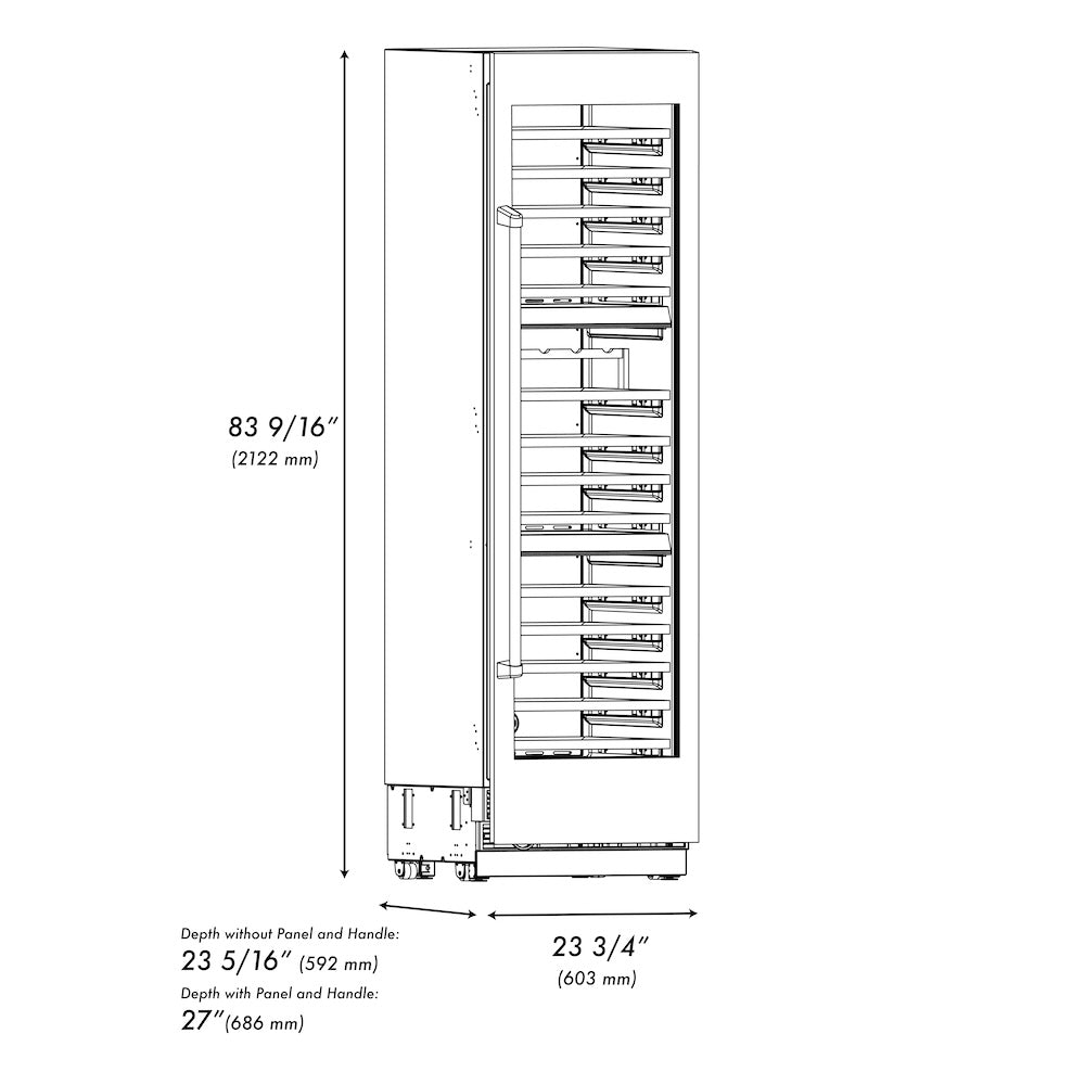 ZLINE Autograph Edition 24 in. 12.4 cu. ft. Triple Zone 100 Bottle Column Wine Cooler in Black Stainless Steel and Champagne Bronze Accents (RCWVZ-BS-24-CB)