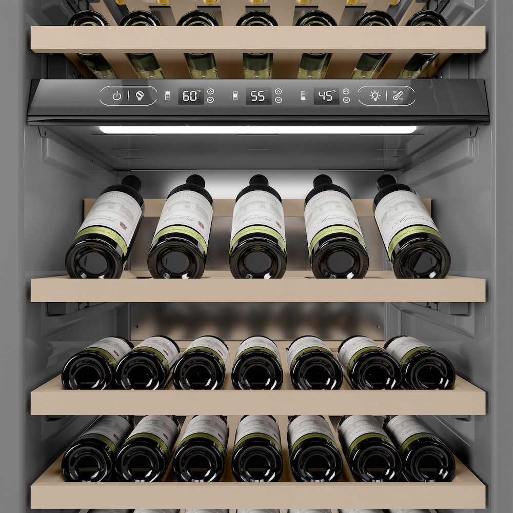 ZLINE Autograph Edition 24 in. 12.4 cu. ft. Triple Zone 100 Bottle Column Wine Cooler in Black Stainless Steel and Polished Gold Accents (RCWVZ-BS-24-G)
