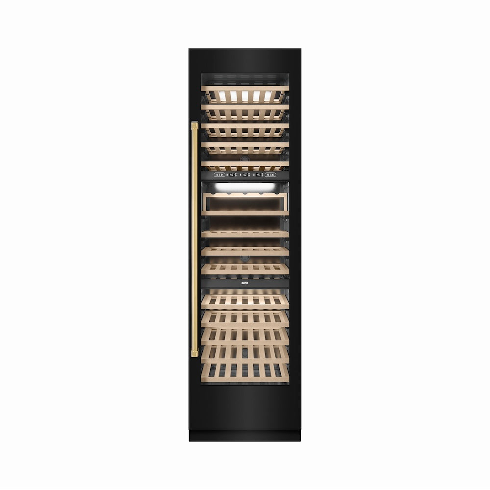 ZLINE Autograph Edition 24 in. 12.4 cu. ft. Triple Zone 100 Bottle Column Wine Cooler in Black Stainless Steel and Polished Gold Accents (RCWVZ-BS-24-G)
