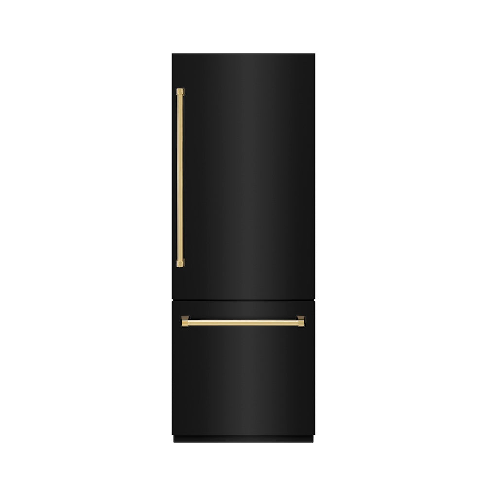 ZLINE Autograph Edition 30 in. 16.1 cu. ft. Built-In Bottom Freezer Refrigerator with Water Dispenser and Ice Maker in Black Stainless Steel with Graphite Gray Interior and Polished Gold Accents (GRBIVZ-BS-30-G)