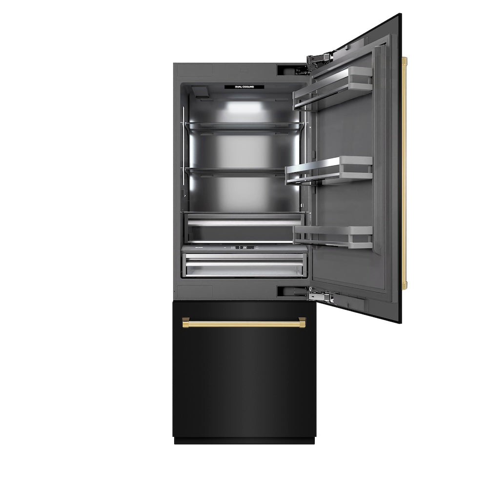 ZLINE Autograph Edition 30 in. 16.1 cu. ft. Built-In Bottom Freezer Refrigerator with Water Dispenser and Ice Maker in Black Stainless Steel with Graphite Gray Interior and Polished Gold Accents (GRBIVZ-BS-30-G)