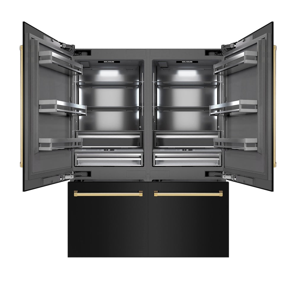 ZLINE Autograph Edition 60 in. 32.2 cu. ft. French Door Built-In Bottom Freezer Refrigerator with Water Dispenser and Ice Maker in Black Stainless Steel with Graphite Gray Interior and Polished Gold Accents (GRBIVZ-BS-60-G)
