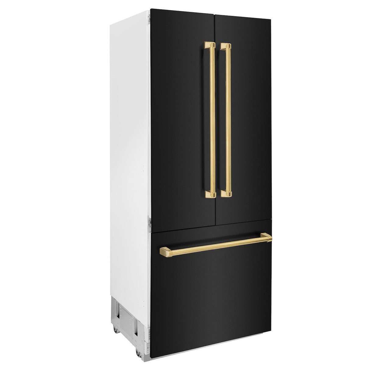ZLINE Autograph Edition 36 in. 19.6 cu. ft. Built-in 3-Door French Door Refrigerator with Internal Water and Ice Dispenser in Black Stainless Steel with Polished Gold Accents (RBIVZ-BS-36-G)