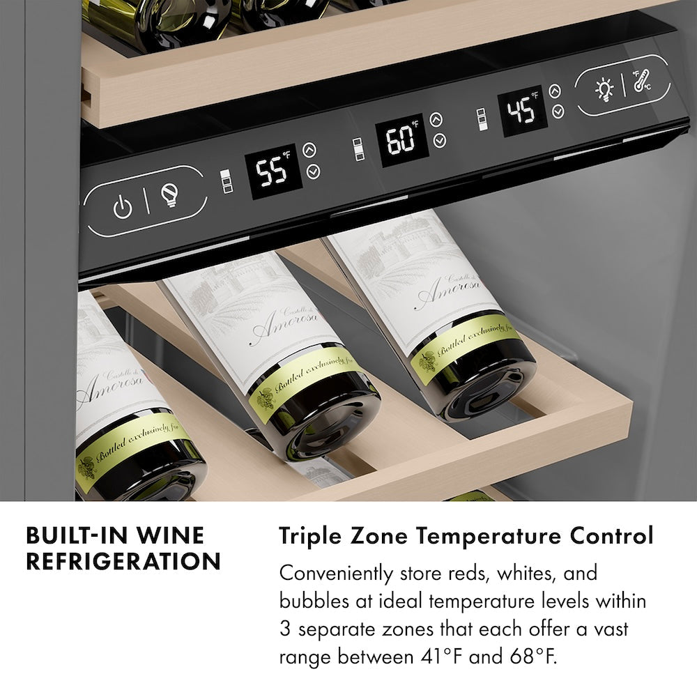 ZLINE Autograph Edition 18 in. 9.0 cu. ft. Triple Zone 68 Bottle Left Hinge Column Wine Cooler in Black Stainless Steel with Champagne Bronze Accents (RCWVLZ-BS-18-CB)