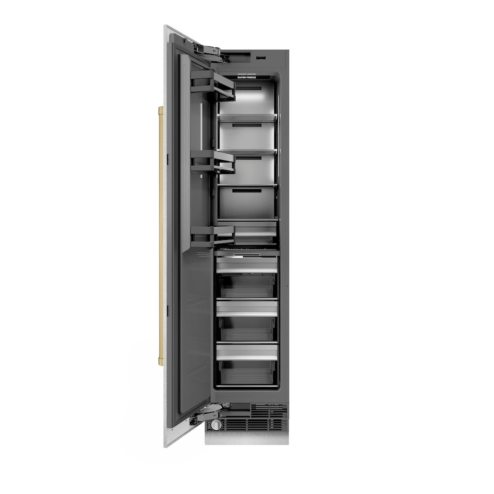 ZLINE Autograph Edition 18 in. 8.6 cu. ft. Left Hinge Column Freezer in DuraSnow® Stainless Steel with Graphite Gray Interior and Champagne Bronze Accents (RCFVLZ-SN-18-CB)