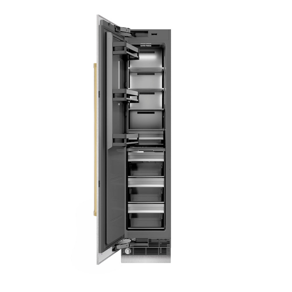 ZLINE Autograph Edition 18 in. 8.6 cu. ft. Left Hinge Column Freezer in DuraSnow® Stainless Steel with Graphite Gray Interior and Polished Gold Accents (RCFVLZ-SN-18-G)