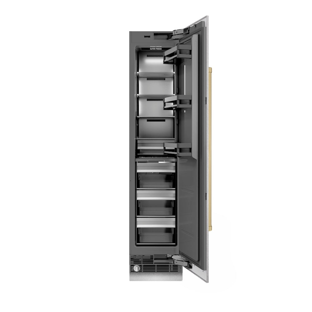 ZLINE Autograph Edition 18 in. 8.6 cu. ft. Right Hinge Column Freezer in DuraSnow® Stainless Steel with Graphite Gray Interior and Champagne Bronze Accents (RCFVRZ-SN-18-CB)
