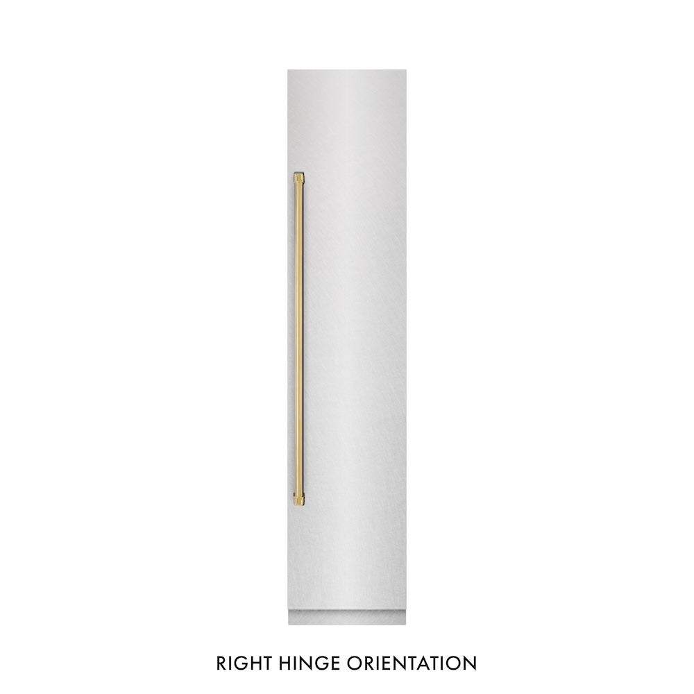 ZLINE Autograph Edition 18 in. 8.6 cu. ft. Right Hinge Column Freezer in DuraSnow® Stainless Steel with Graphite Gray Interior and Polished Gold Accents (RCFVRZ-SN-18-G)