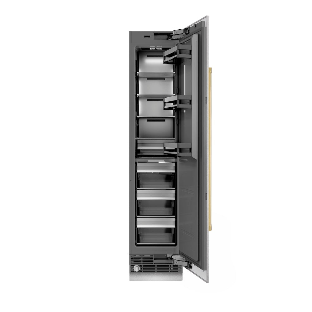 ZLINE Autograph Edition 18 in. 8.6 cu. ft. Right Hinge Column Freezer in DuraSnow® Stainless Steel with Graphite Gray Interior and Polished Gold Accents (RCFVRZ-SN-18-G)