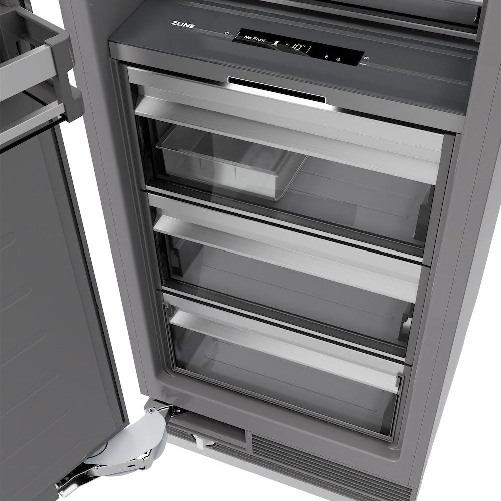 ZLINE Autograph Edition 18 in. 8.6 cu. ft. Right Hinge Column Freezer in DuraSnow® Stainless Steel with Graphite Gray Interior and Matte Black Accents (RCFVRZ-SN-18-MB)