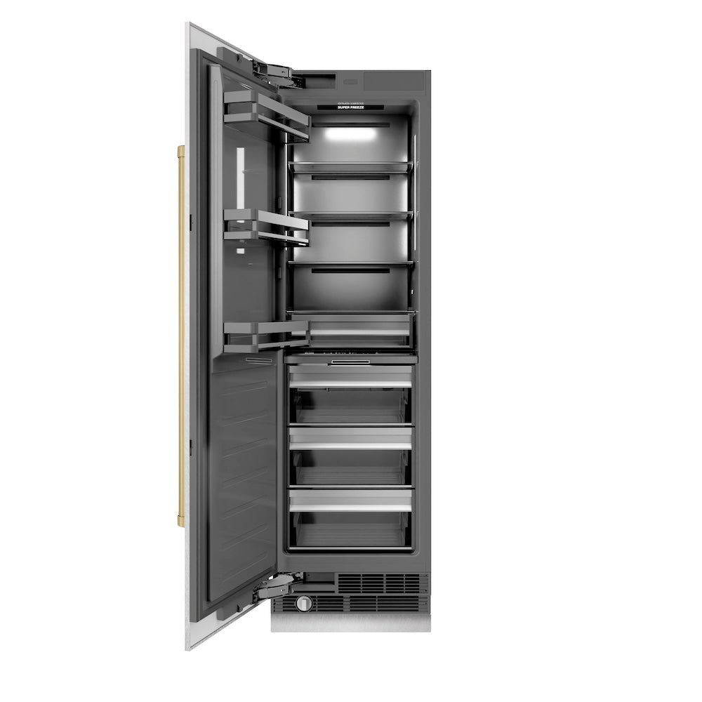 ZLINE Autograph Edition 24 in. 12.4 cu. ft. Column Freezer in DuraSnow® Stainless Steel with Graphite Gray Interior and Champagne Bronze Accents (RCFVZ-SN-24-CB)