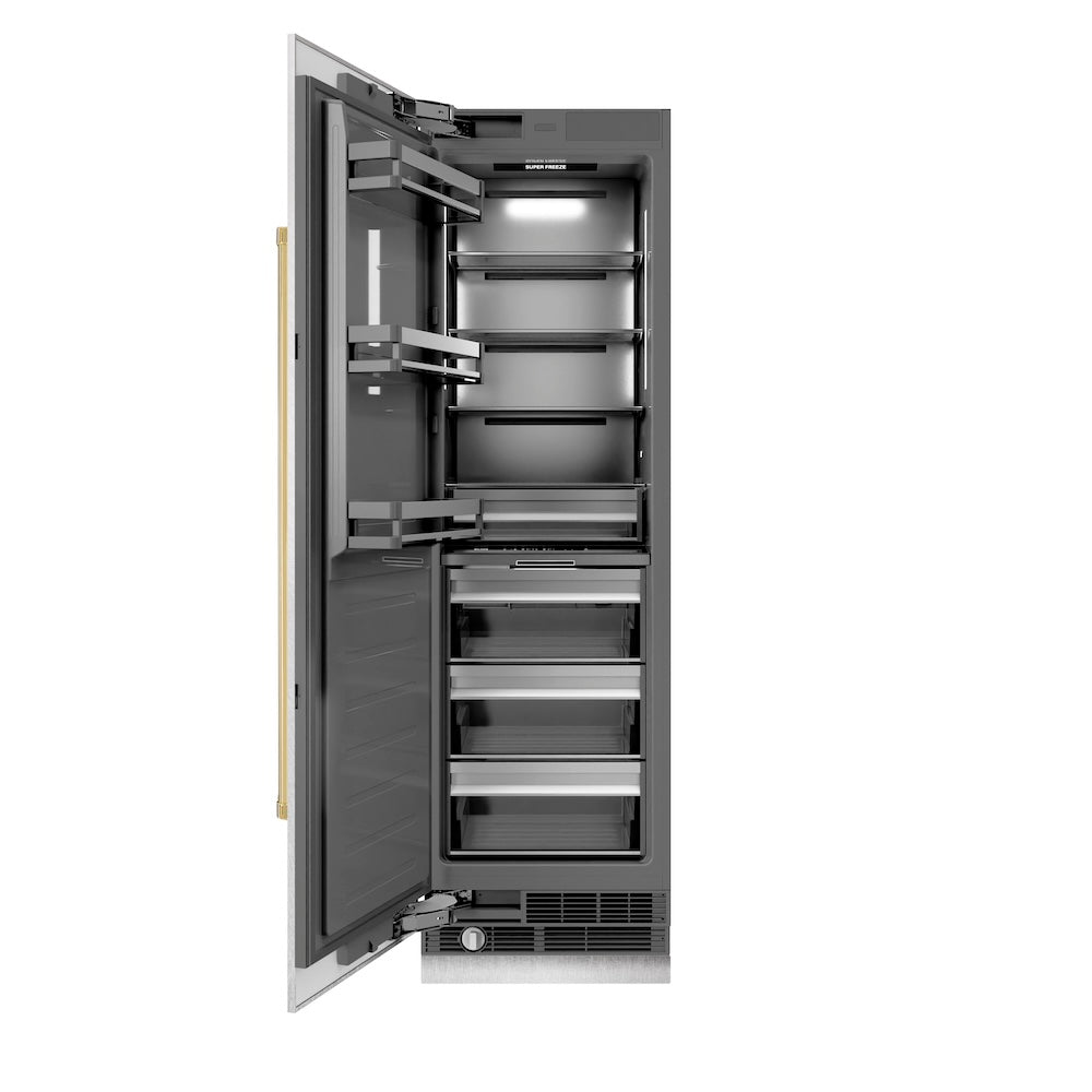 ZLINE Autograph Edition 24 in. 12.4 cu. ft. Column Freezer in DuraSnow® Stainless Steel with Graphite Gray Interior and Polished Gold Accents (RCFVZ-SN-24-G)