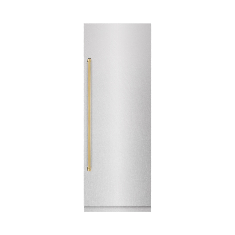 ZLINE Autograph Edition 30 in. 16.7 cu. ft. Column Refrigerator in DuraSnow® Stainless Steel with Graphite Gray Interior and Polished Gold Accents (RCRVZ-SN-30-G)