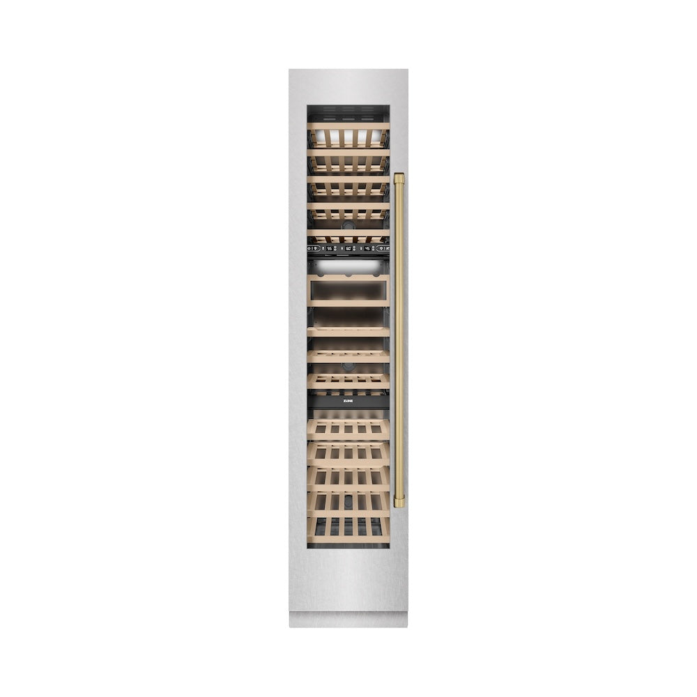ZLINE Autograph Edition 18 in. 9.0 cu. ft. Triple Zone 68 Bottle Left Hinge Column Wine Cooler in DuraSnow® Stainless Steel with Champagne Bronze Accents (RCWVLZ-SN-18-CB)