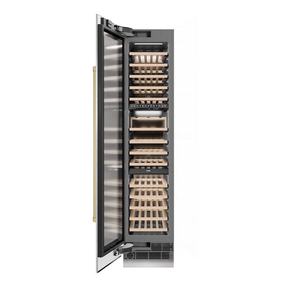 ZLINE Autograph Edition 18 in. 9.0 cu. ft. Triple Zone 68 Bottle Left Hinge Column Wine Cooler in DuraSnow® Stainless Steel with Champagne Bronze Accents (RCWVLZ-SN-18-CB)