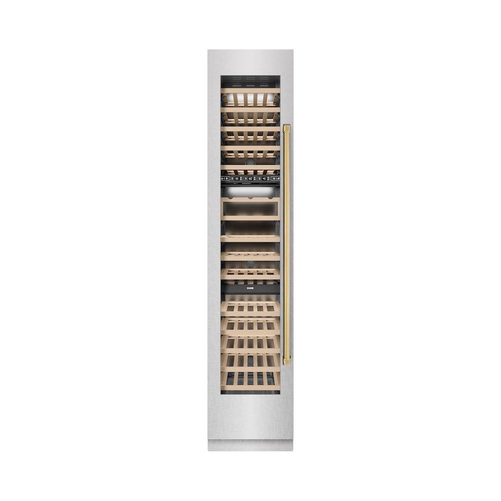 ZLINE Autograph Edition 18 in. 9.0 cu. ft. Triple Zone 68 Bottle Left Hinge Column Wine Cooler in DuraSnow® Stainless Steel with Polished Gold Accents (RCWVLZ-SN-18-G)