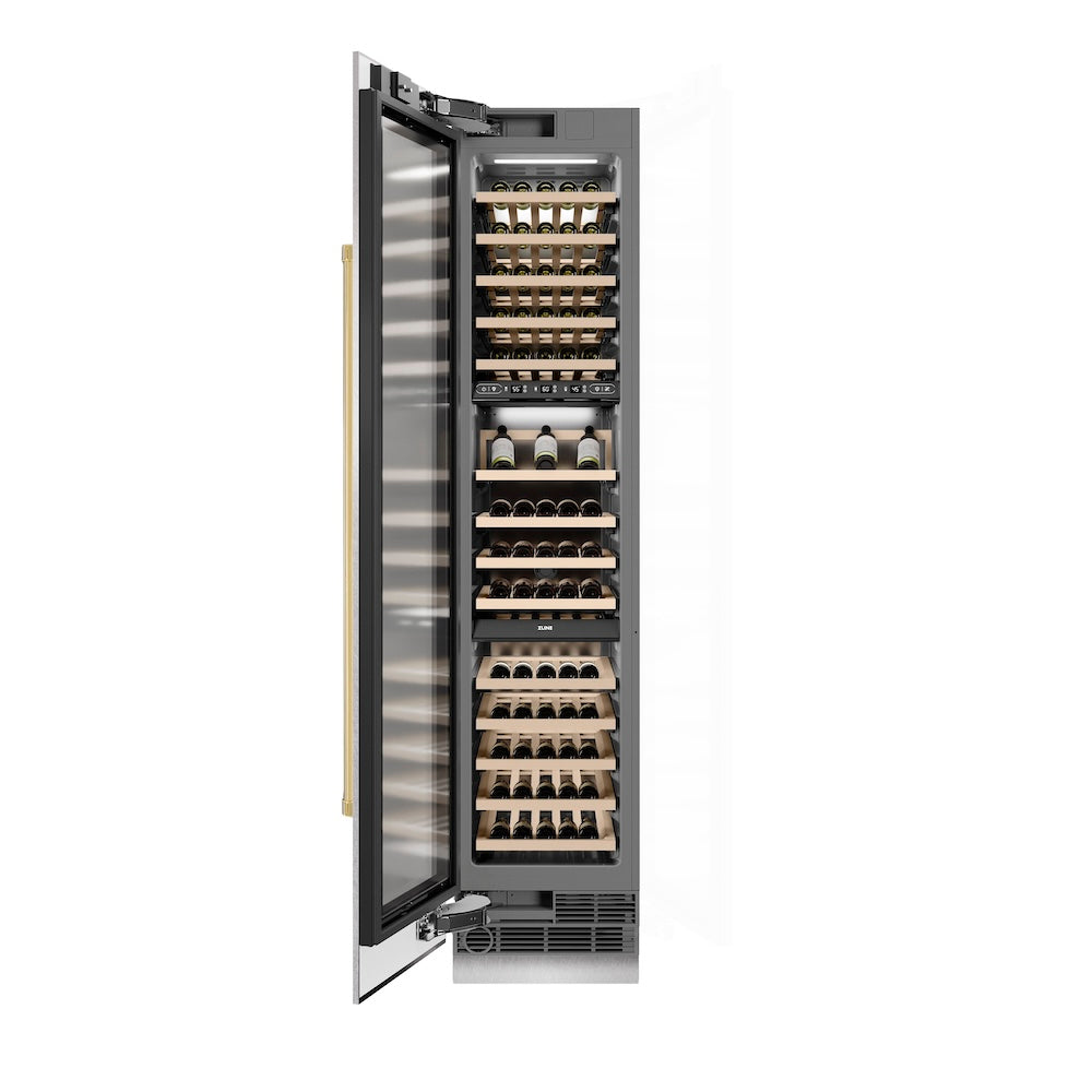 ZLINE Autograph Edition 18 in. 9.0 cu. ft. Triple Zone 68 Bottle Left Hinge Column Wine Cooler in DuraSnow® Stainless Steel with Polished Gold Accents (RCWVLZ-SN-18-G)