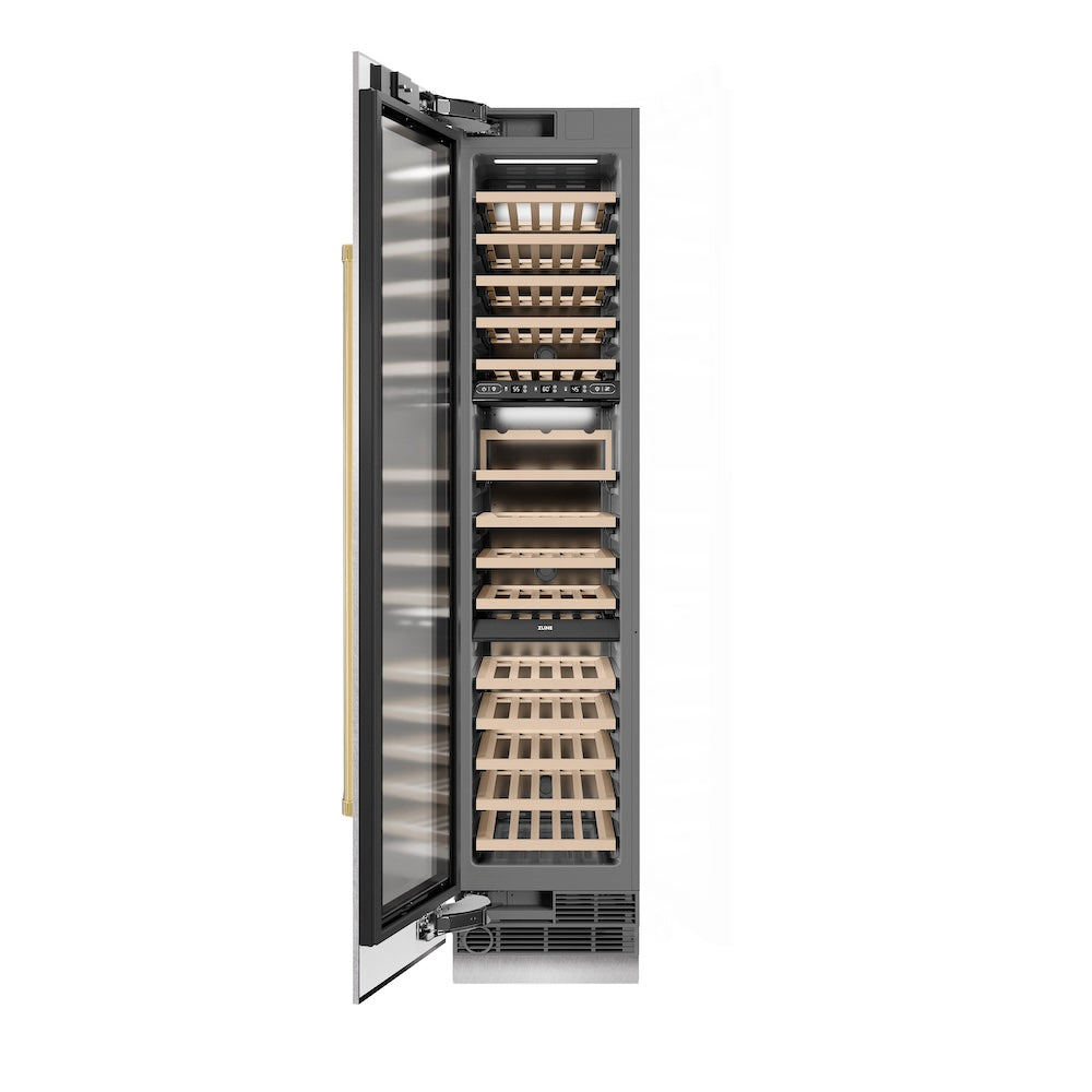ZLINE Autograph Edition 18 in. 9.0 cu. ft. Triple Zone 68 Bottle Left Hinge Column Wine Cooler in DuraSnow® Stainless Steel with Polished Gold Accents (RCWVLZ-SN-18-G)