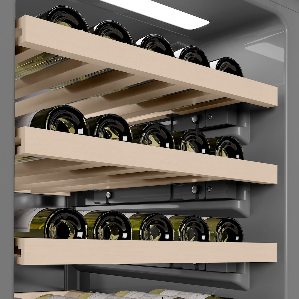 ZLINE Autograph Edition 18 in. 9.0 cu. ft. Triple Zone 68 Bottle Left Hinge Column Wine Cooler in DuraSnow® Stainless Steel with Matte Black Accents (RCWVLZ-SN-18-MB)