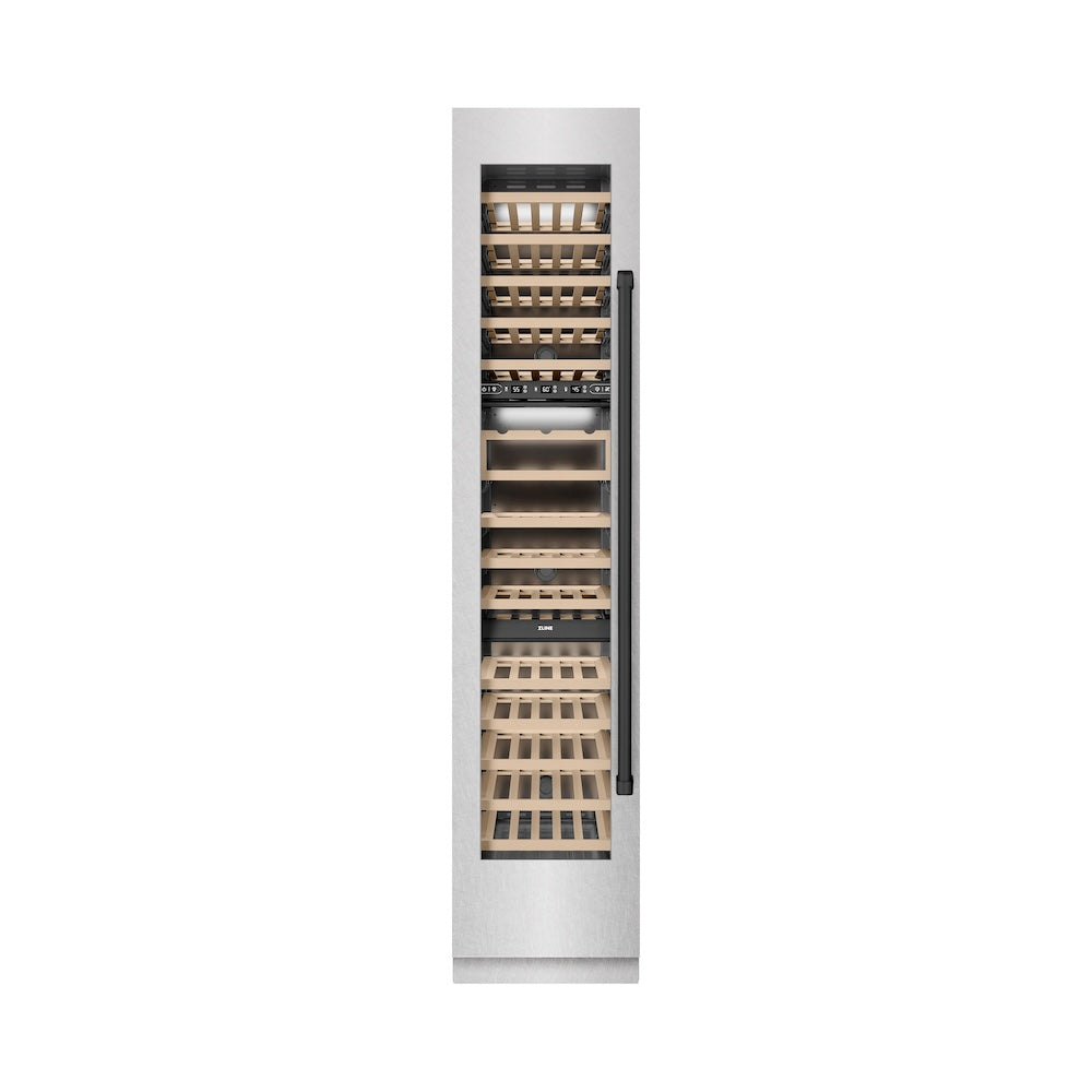 ZLINE Autograph Edition 18 in. 9.0 cu. ft. Triple Zone 68 Bottle Left Hinge Column Wine Cooler in DuraSnow® Stainless Steel with Matte Black Accents (RCWVLZ-SN-18-MB)